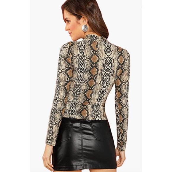 Brown‎ Multi Snakeskin Printed Long Sleeve Mock Neck Bodycon Top Tee Sweater - Picture 7 of 8
